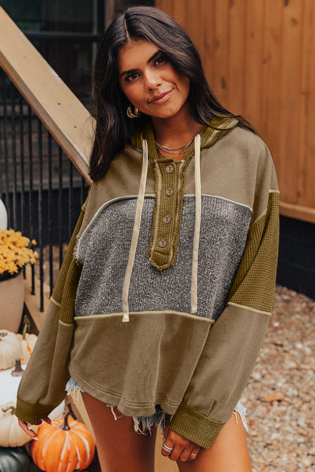 Jungle Green Mixed Texture Patchwork Exposed Seam Half Button Pullover Hooded Sweatshirt