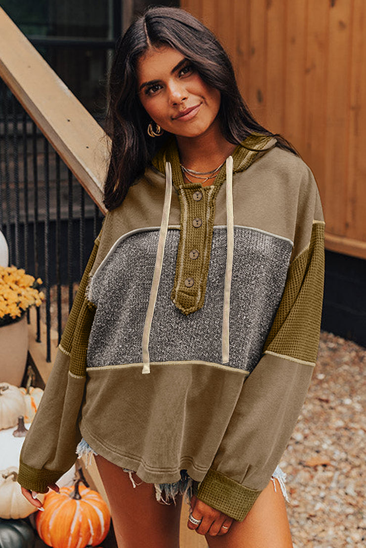 Jungle Green Mixed Texture Patchwork Exposed Seam Half Button Pullover Hooded Sweatshirt