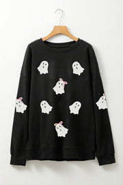 Black Sequin Cute Bow Ghost Graphic Crew Neck Halloween Sweatshirt