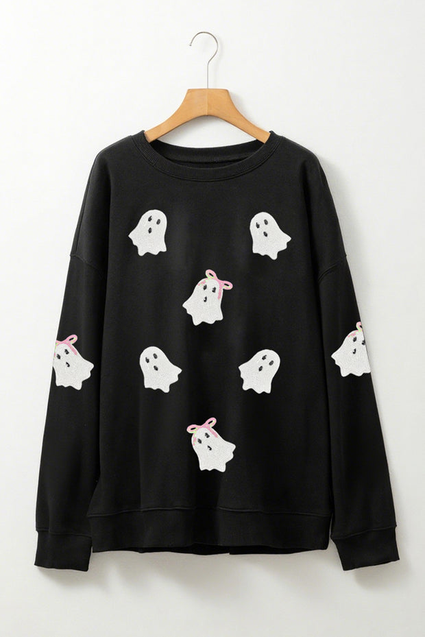 Black Sequin Cute Bow Ghost Graphic Crew Neck Halloween Sweatshirt