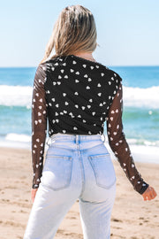 Black Heart Shape Mesh Patchwork Square Neck Bodysuit