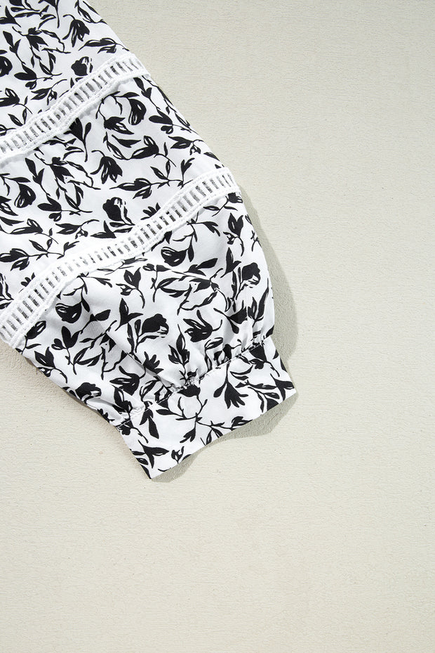 Black Printed Lace Detail Floral Puff Sleeve Fall Shirt