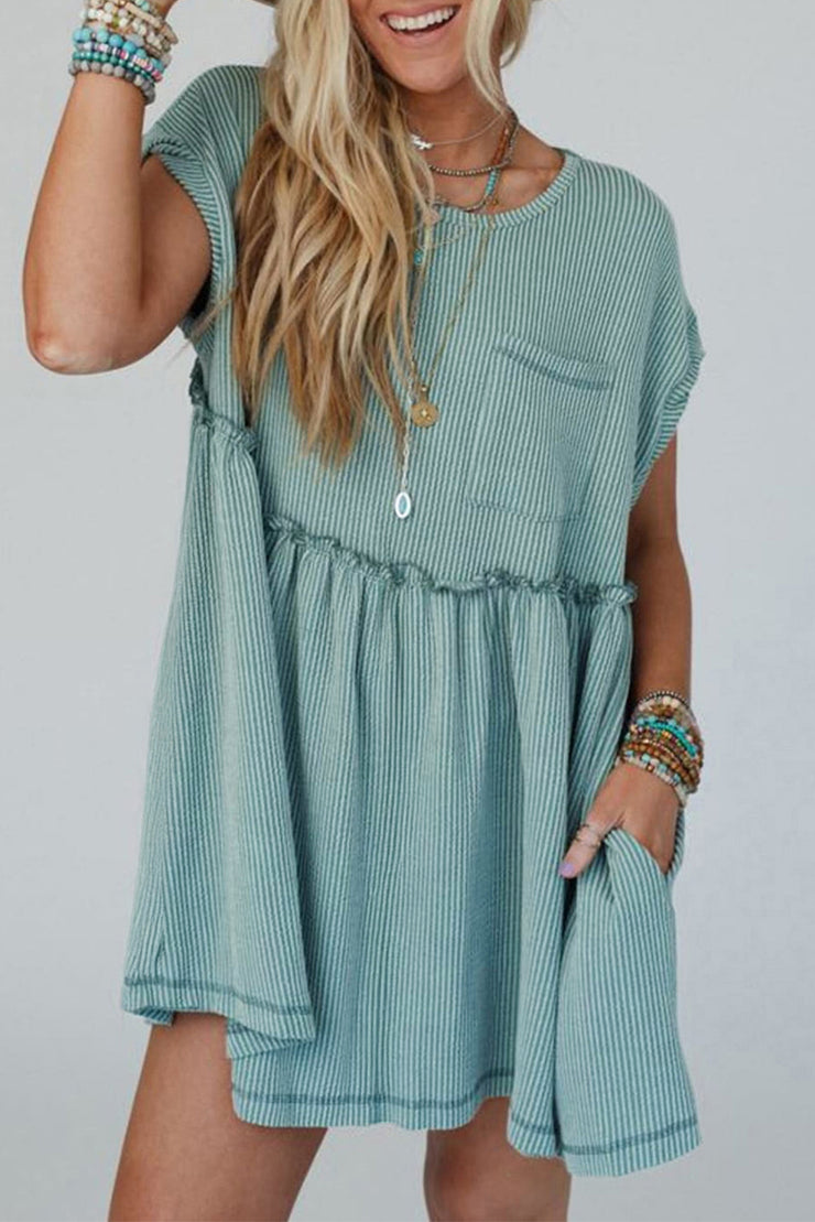 Canton Corded Knit Textured Patched Pocket Frilled Swing Mini Dress with Pockets Canton Corded Knit Textured Patched Pocket Frilled Swing Mini Dress with Pockets