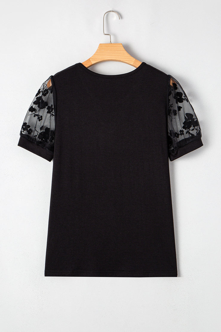 Camiseta de cuello redondo con patchwork de encaje floral negro