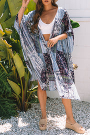 Blue Retro Floral Print Long Loose Open Front Kimono