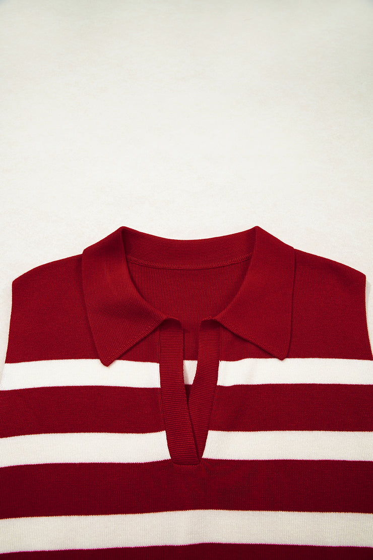 Red Stripe Collared Split Neck Sweater Vest