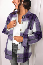 Purple Plaid Color Block Buttoned Long Sleeve Jacket with Pocket