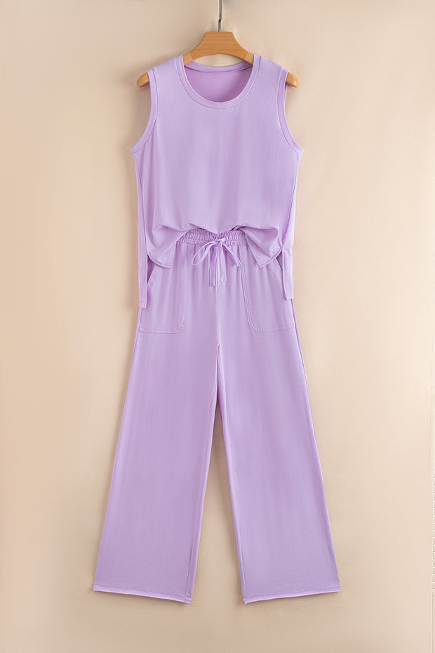 Orchid Petal Mineral Wash Casual Round Neck Tank and Straight Loose Drawstring Pants Set