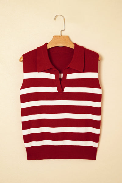 Red Stripe Collared Split Neck Sweater Vest