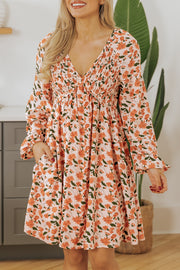 Beige Floral Deep V Neck Smocked Bust Bubble Sleeve Babydoll Dress