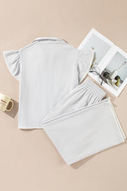 Gray Stripe Zipped up Collar Ruffled Sleeve Tee and Wide Leg Pants 2pcs Outfit