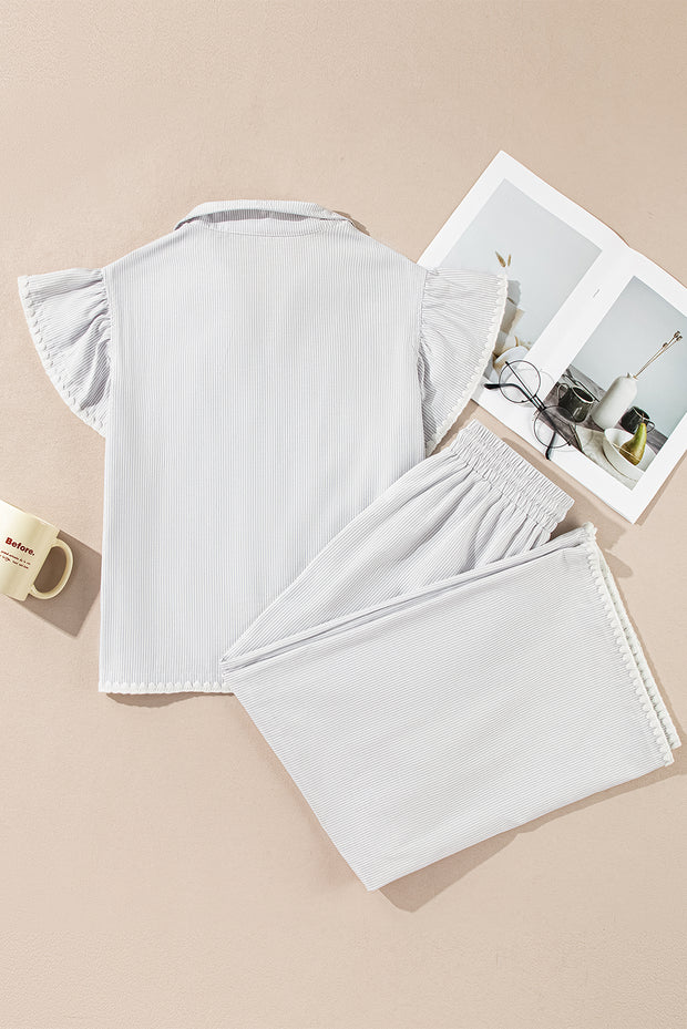 Gray Stripe Zipped up Collar Ruffled Sleeve Tee and Wide Leg Pants 2pcs Outfit