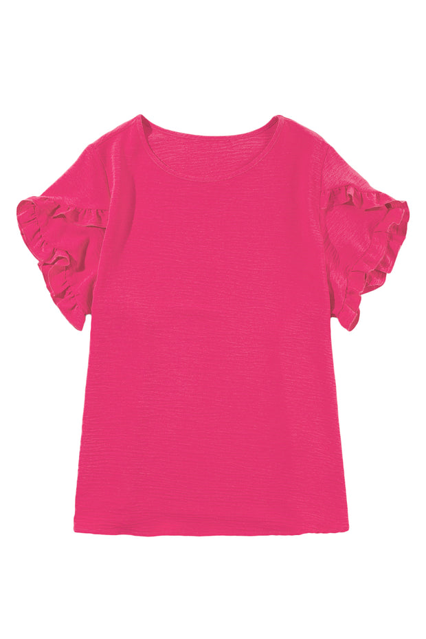Bright Pink Ruffled Short Sleeve Plus Size Top
