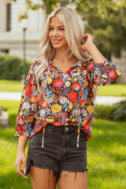 Black Floral 3/4 Puff Sleeve Tied Neck Blouse