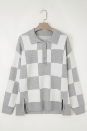 Gray Plus Size Checkered Pattern Button Polo Collar Split Sweater