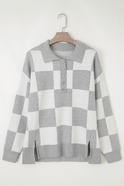 Gray Plus Size Checkered Pattern Button Polo Collar Split Sweater