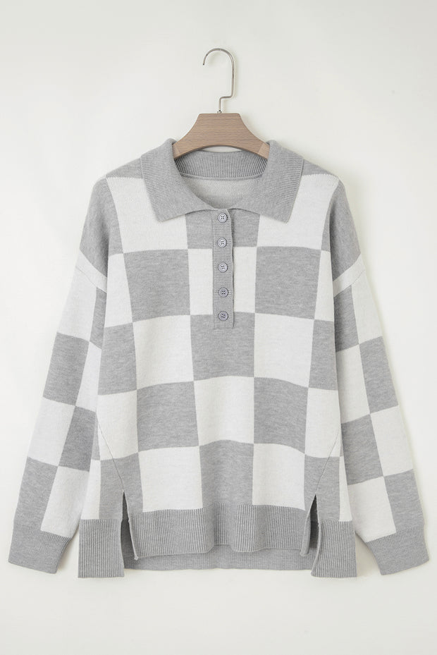 Gray Plus Size Checkered Pattern Button Polo Collar Split Sweater