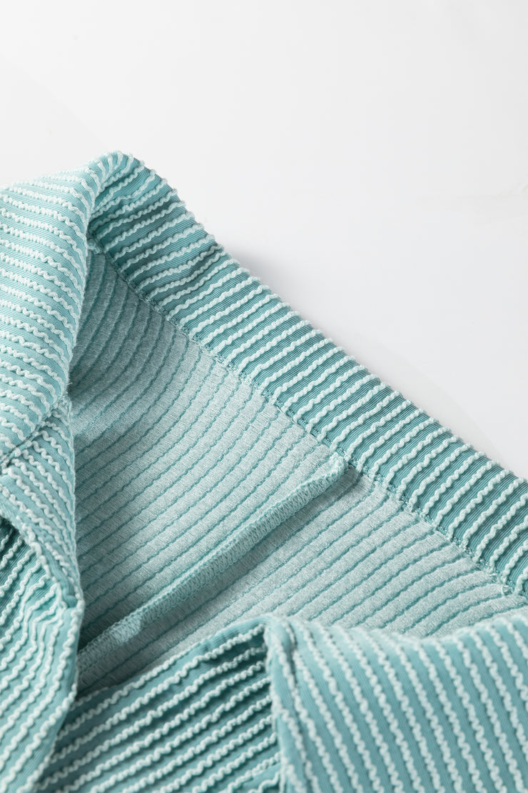 Light Blue Oversized Twist Ribbed Collared Henley Top with Roll up Sleeve