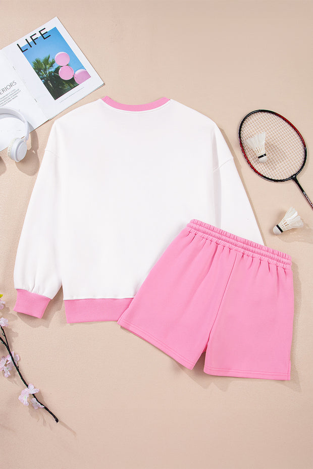 Strawberry Pink Color Block Pullover and Lace-up Elastic Waist Shorts Set