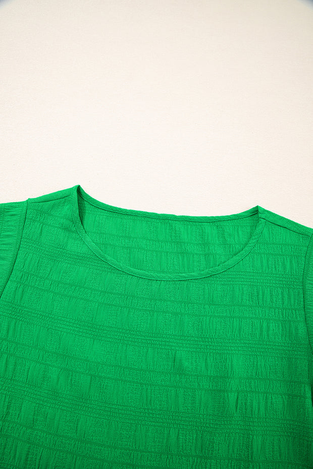 Dark Green Textured Ruffled Sleeve Round Neck Top