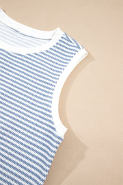 Myosotis Contrast Trim Striped Vest Drawstring Shorts Set