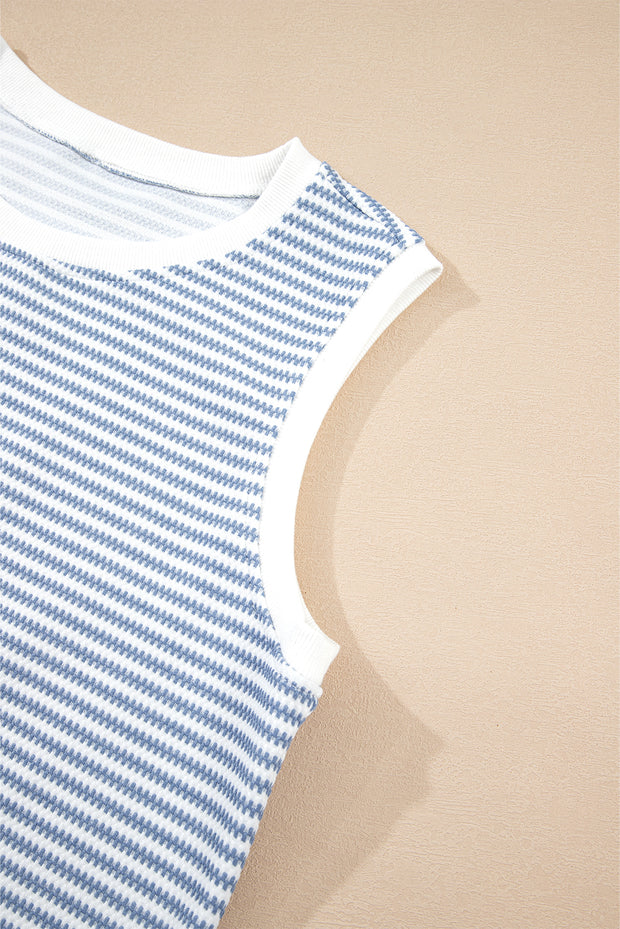 Myosotis Contrast Trim Striped Vest Drawstring Shorts Set