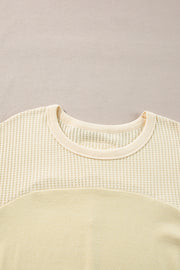 Beige Thermal Knit Patchwork Exposed Seam Long Sleeve Top