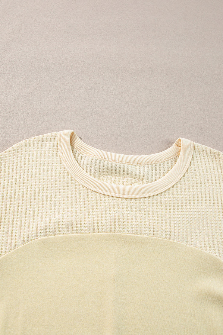 Beige Thermal Knit Patchwork Exposed Seam Long Sleeve Top