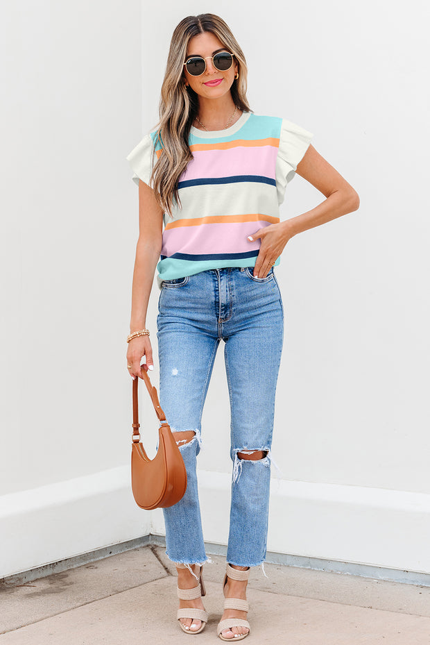 Multicolour Striped Color Block Flutter Sleeve Patchwork Sweater Top