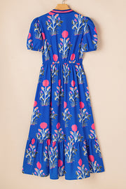 Sky Blue Floral Puff Short Sleeve V Neck High Waist Maxi Dress