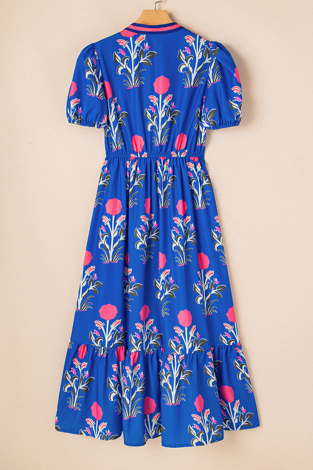 Sky Blue Floral Puff Short Sleeve V Neck High Waist Maxi Dress