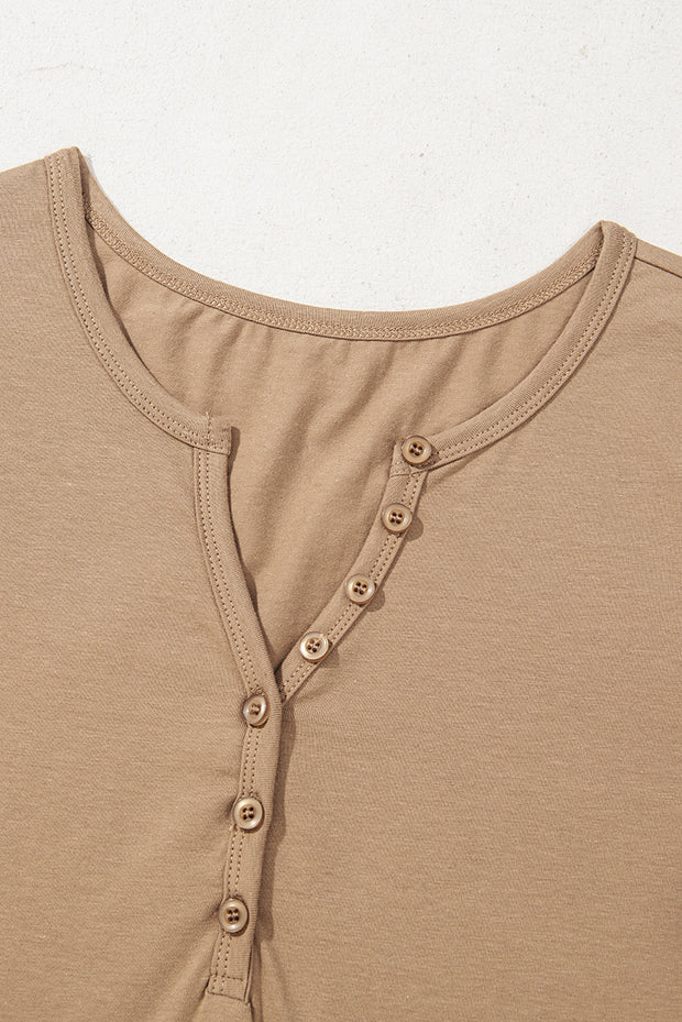 Pale Khaki Long Sleeve Buttons V Neck Slim Fit Top