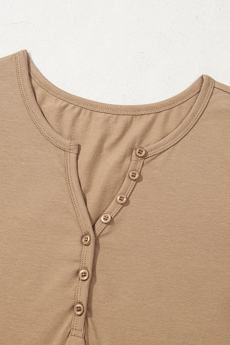 Pale Khaki Long Sleeve Buttons V Neck Slim Fit Top