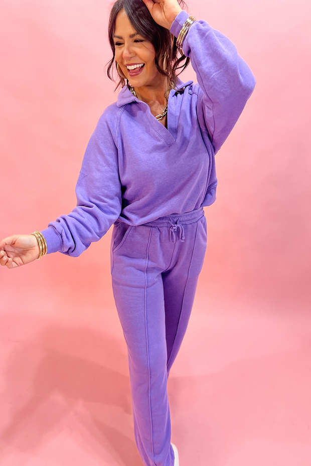 Wisteria Solid Color Collared Pullover and Central Seam Pants Set