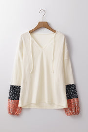 Beige Floral Patchwork Textured Knit Drawstring V Neck Blouse