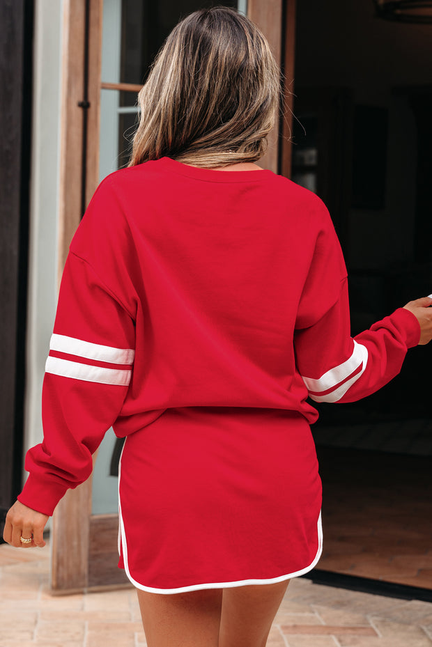 Fiery Red Varsity Stripe Detail Drop Shoulder Pullover Mini Skirt Set