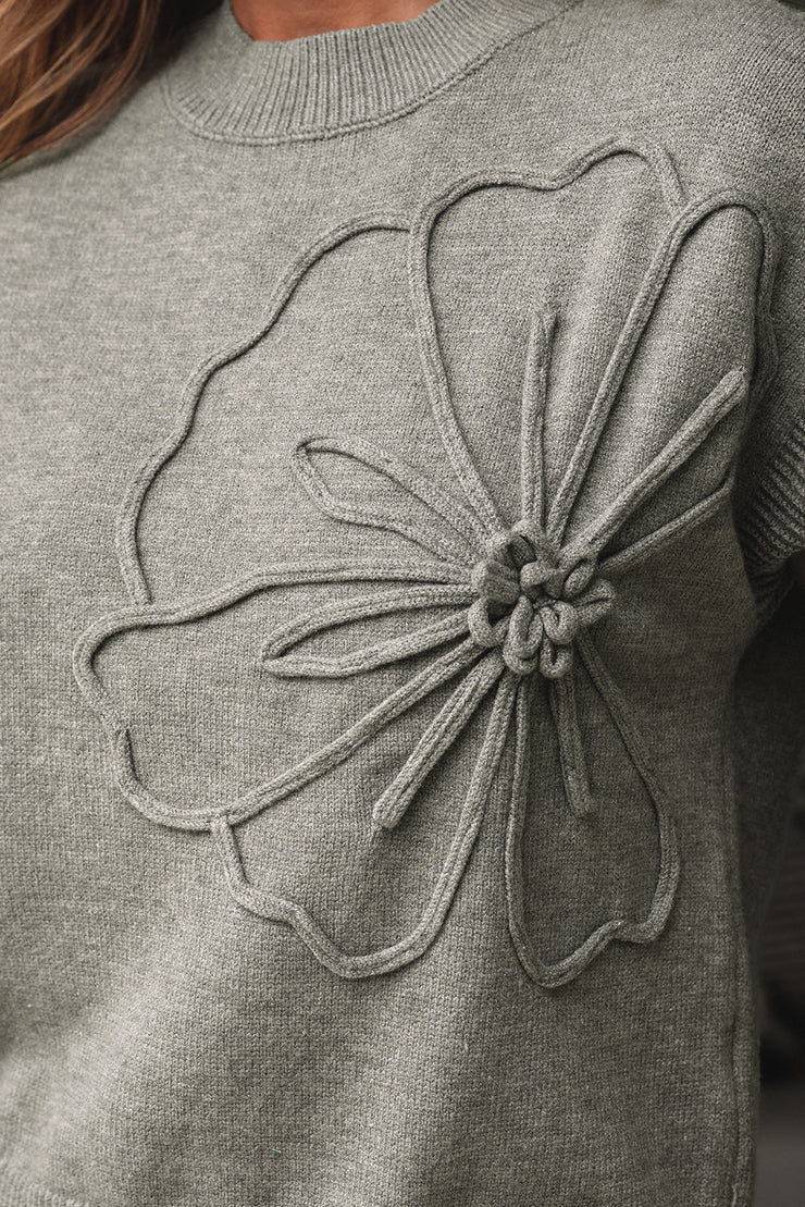 High Flower Pattern Ribbed Trim Short Sleeve Boxy Sweater