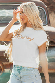 White Knitted YEEHAW Stitch Edge Crew Neck Sweater T Shirt