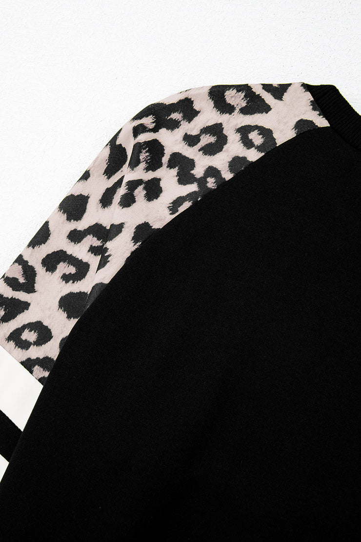 Black Leopard Print Colorblock Raglan Sleeve Sweatshirt