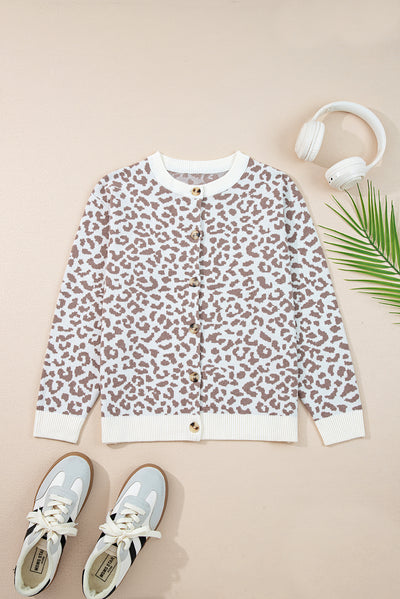 Khaki Leopard Drop Shoulder Chunky Knitted Cardigan Sweater