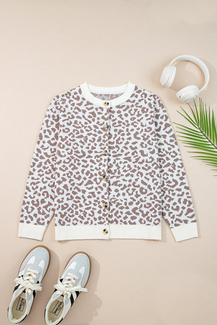 Khaki Leopard Drop Shoulder Chunky Knitted Cardigan Sweater