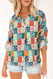 Sky Blue Floral Collared V Neck Roll up Sleeve Shift Blouse