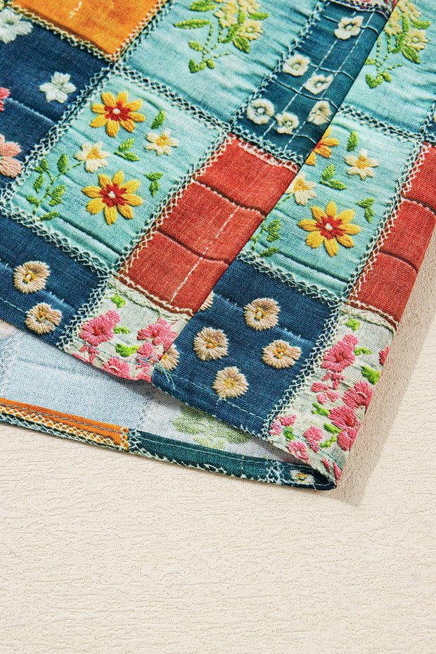 Sky Blue Floral Collared V Neck Roll up Sleeve Shift Blouse