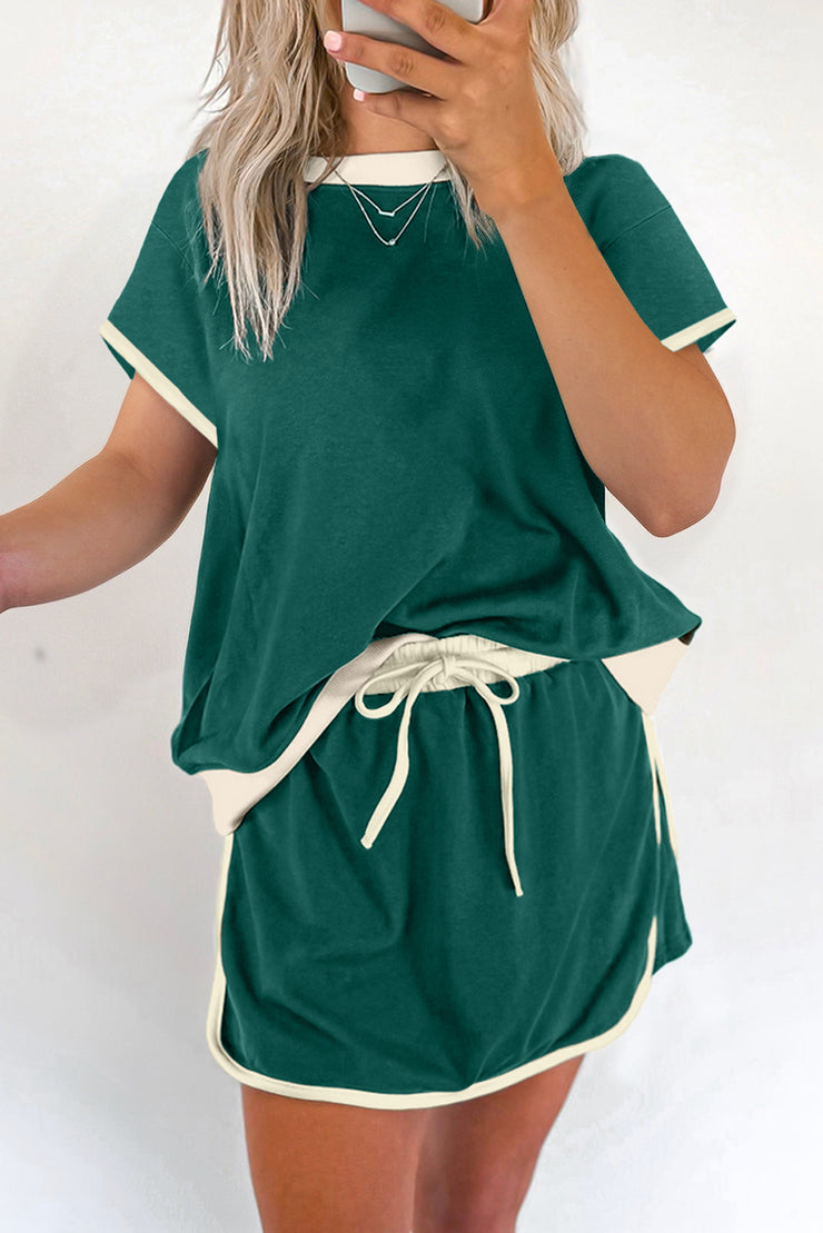 Conjunto de 2 piezas de camiseta y falda con hombros caídos y borde en bloques de color Evergreen