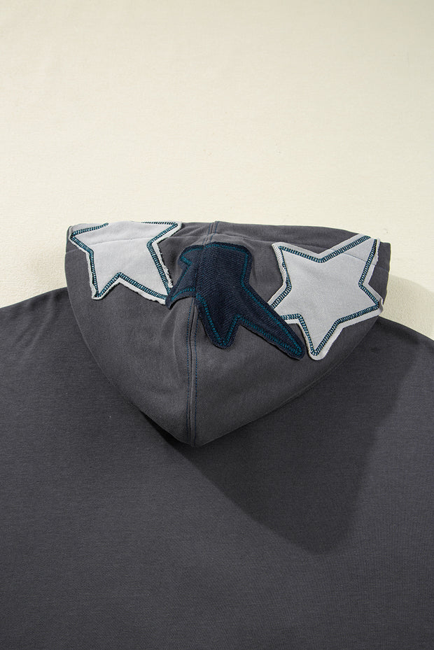 Carbon Grey Star Patchwork Contrast Stitching Mineral Wash Kangaroo Pocket Vintage Hoodie