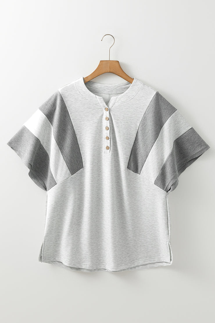 Light Grey Two Tone Contrast Waffle Knit Patched Buttoned V Neck Top
