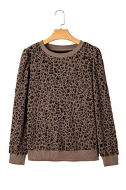 Brown Ribbed Trim Leopard Print Long Sleeve Top