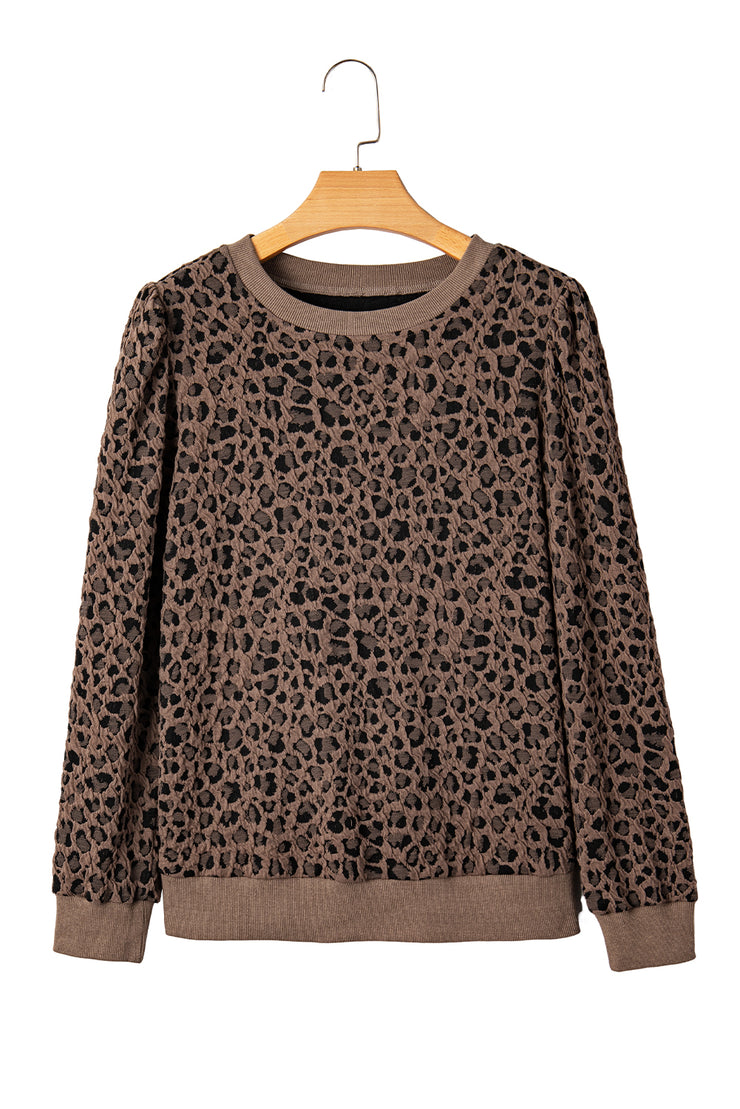 Brown Ribbed Trim Leopard Print Long Sleeve Top