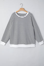 Black Stripe Raglan Sleeve Side Slits Loose Sweatshirt
