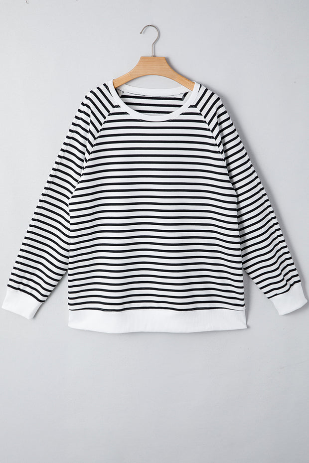 Black Stripe Raglan Sleeve Side Slits Loose Sweatshirt